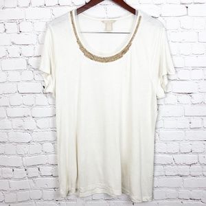 Banana Republic | Cream Tee with Gold Beaded Neckline | Size Extra Large